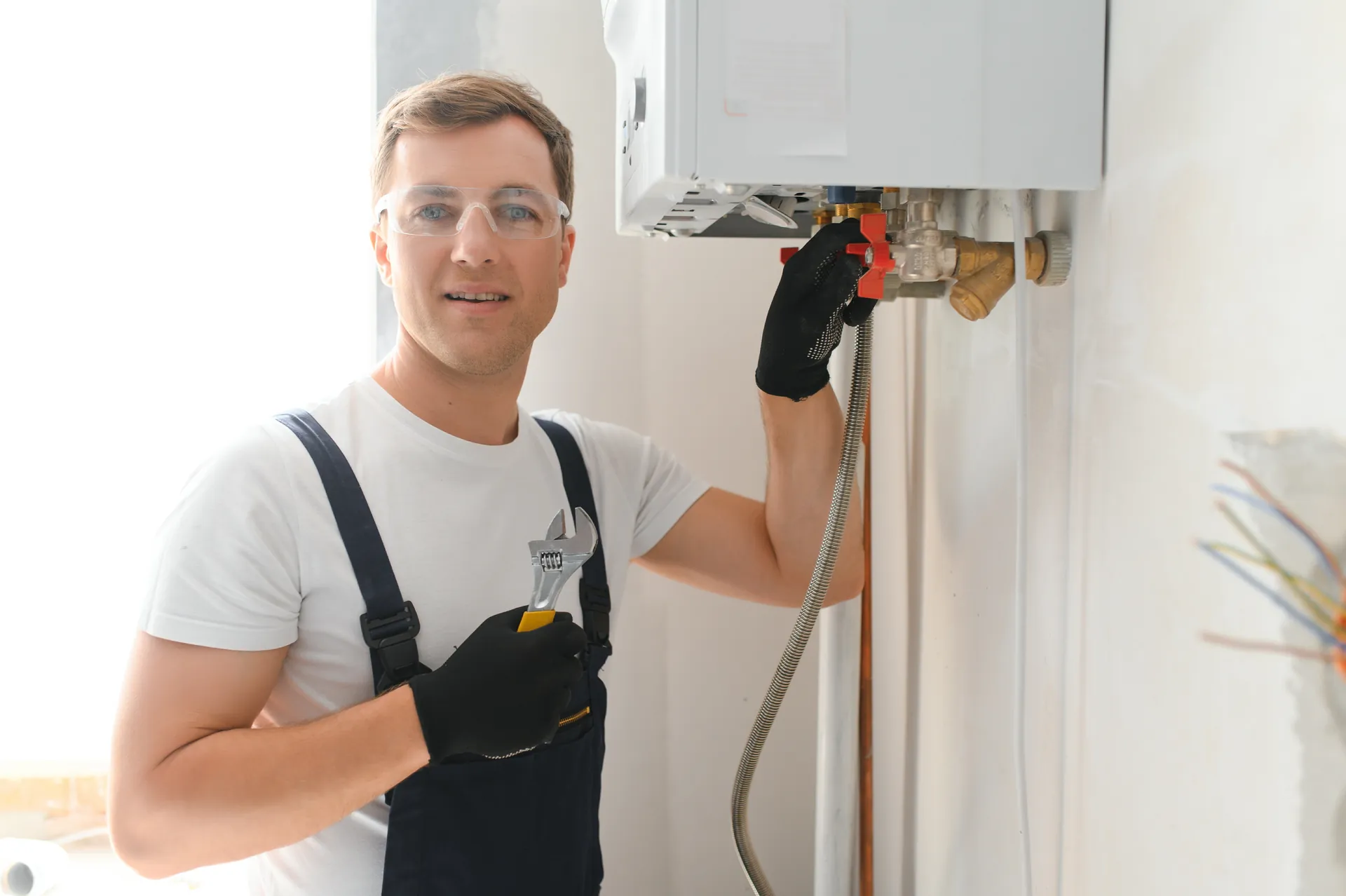 Plumber repairing a residential water heater